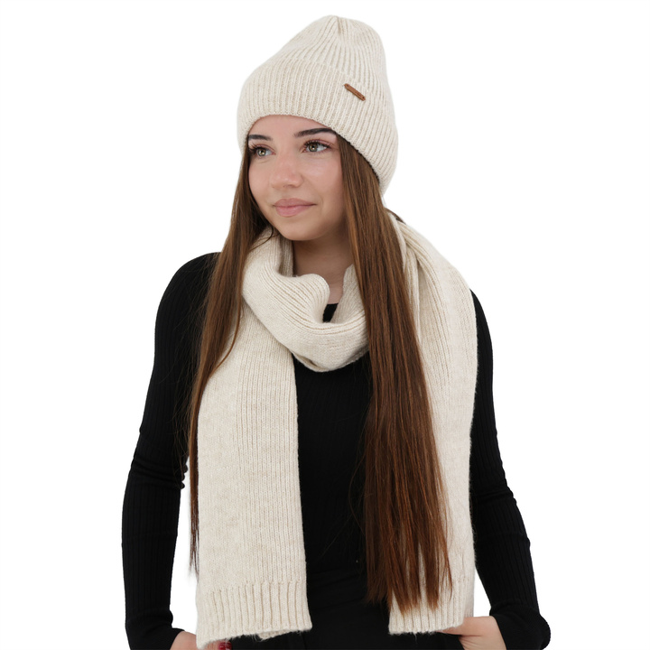 Dames winter set (muts en sjaal), lichtbeige, met merinowol, Seala