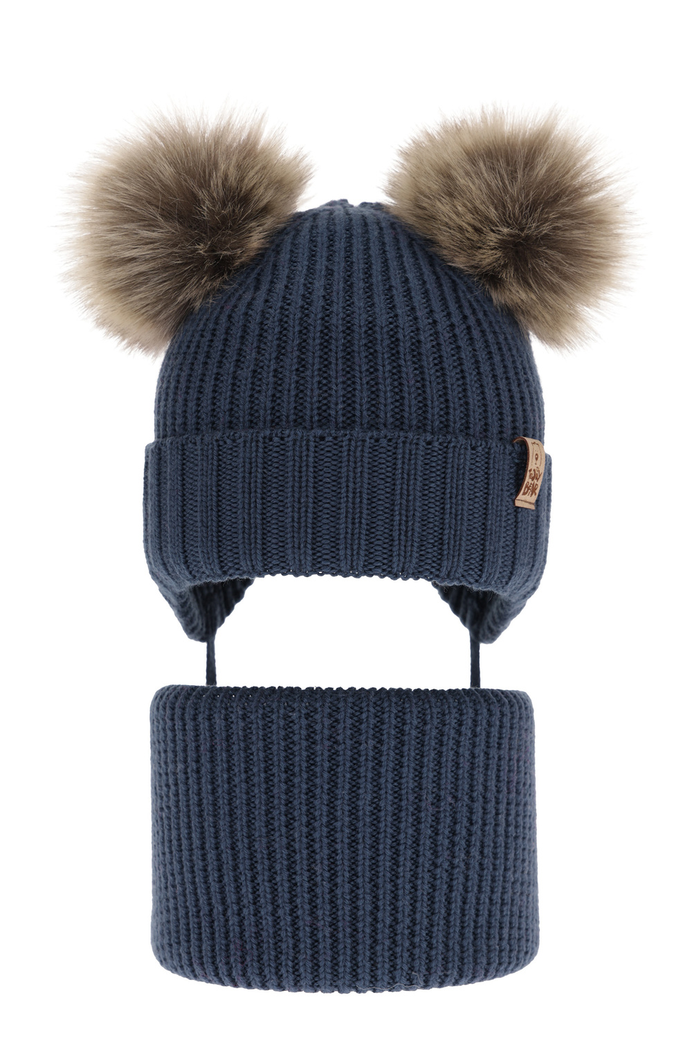 Ensemble d'hiver garçon: bonnet et snood, bleu marine, avec laine mérinos, avec liens, Konor