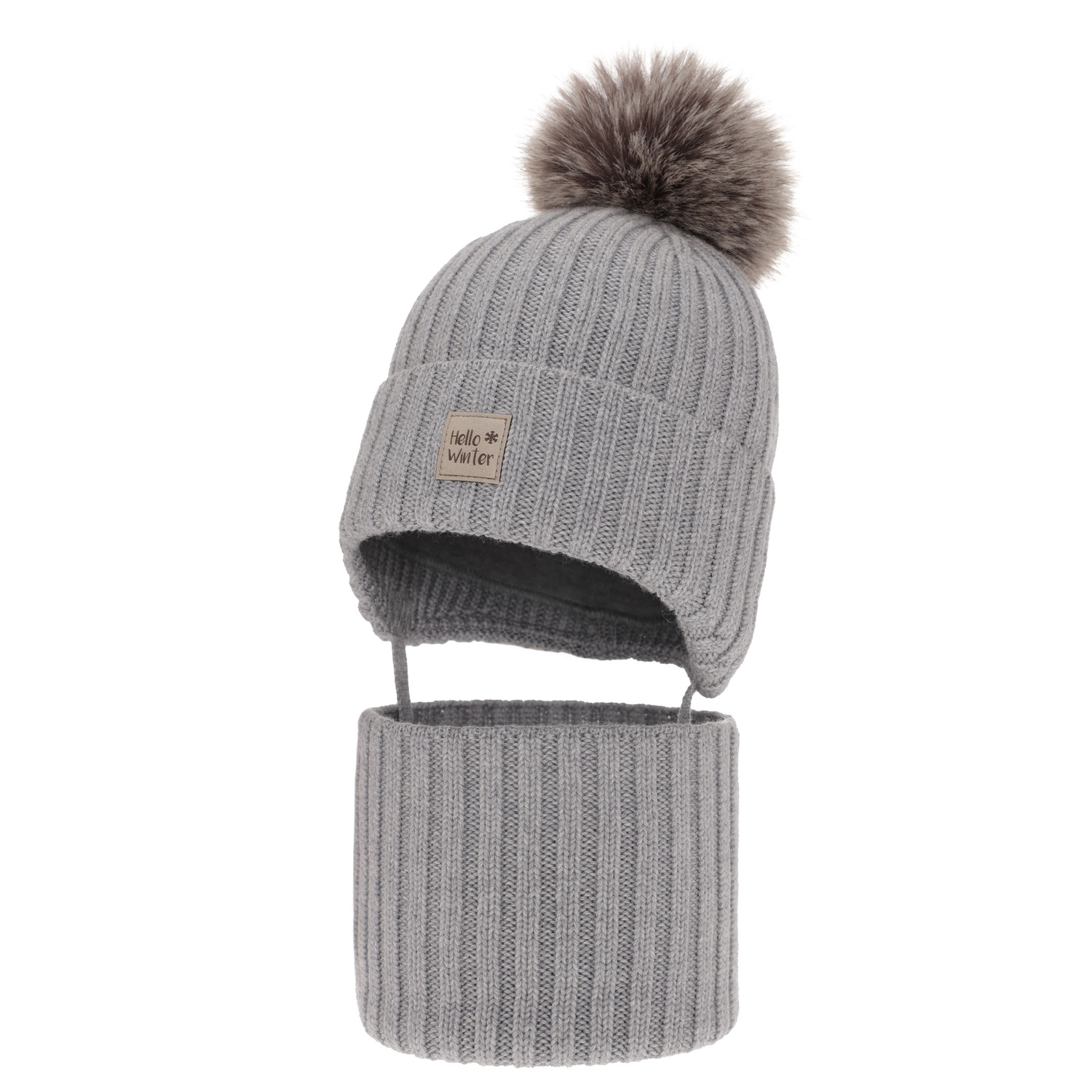 Ensemble d'hiver garçon: bonnet et snood, gris, avec laine mérinos, doublé de polaire, Morti