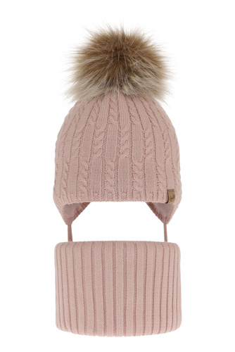 Ensemble d'hiver fille: bonnet et snood, rose, avec pompon, Loreley