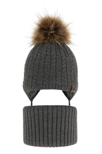 Ensemble d'hiver garçon: bonnet et snood, gris, avec pompon, avec liens, Indigo