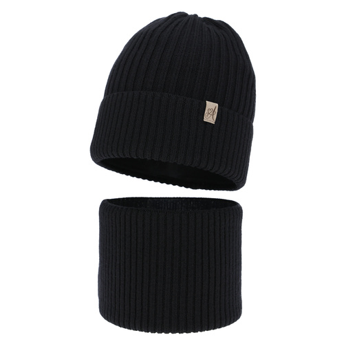 Ensemble d'hiver fille: bonnet et snood, noir, avec laine mérinos, Patricia