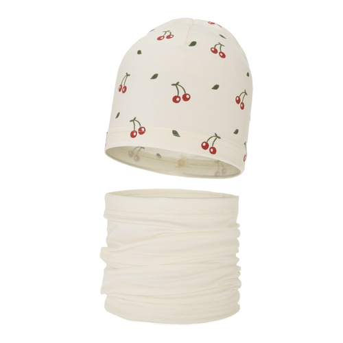 Ensemble automne/printemps fille: bonnet et snood, crème, en coton, Cerise