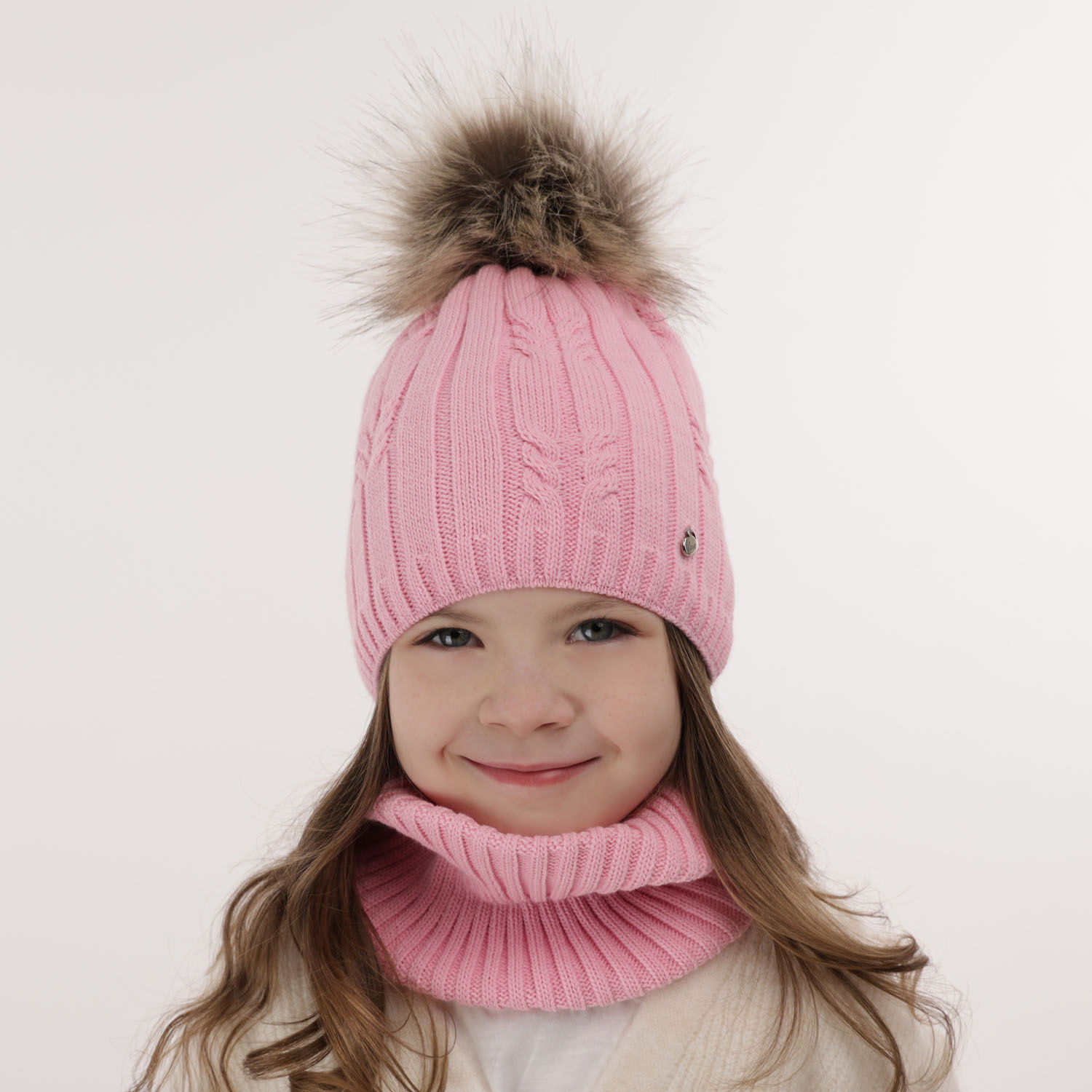 Ensemble d'hiver fille: bonnet et snood, beige, avec pompon, Amaltea