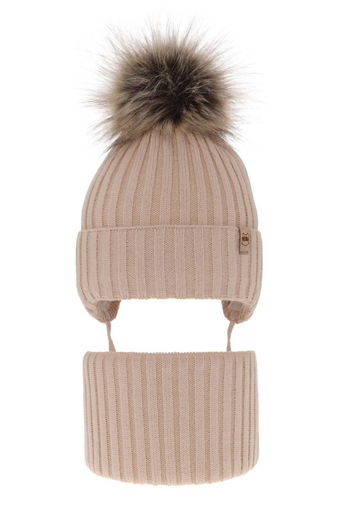 Ensemble d'hiver fille: bonnet et snood, beige, avec pompon, Louisa