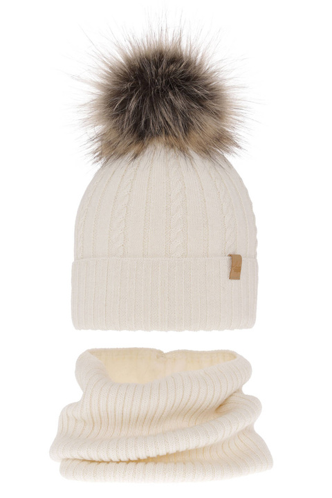 Ensemble d'hiver fille: bonnet et snood, crème, avec laine mérinos, Mirabel