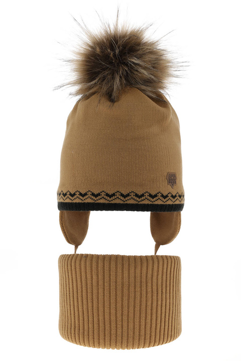 Ensemble d'hiver garçon: bonnet et snood, camel, avec pompon, Elpis