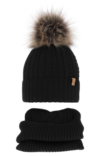 Ensemble d'hiver fille: bonnet et snood, noir, avec laine mérinos, Mirabel