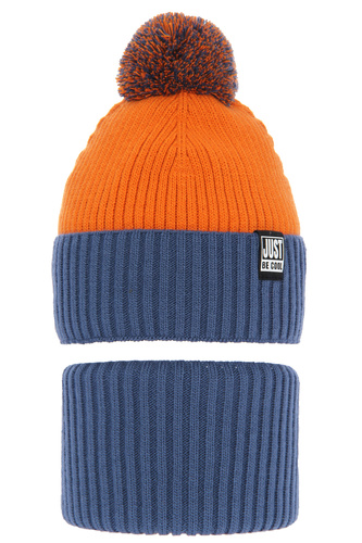 Jongens winter set muts en sjaal, blauw, met garen pompon, Arlekin