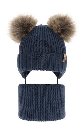 Ensemble d'hiver garçon: bonnet et snood, bleu marine, avec laine mérinos, avec liens, Konor