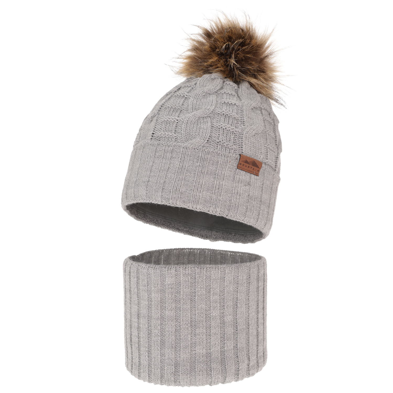 Ensemble d'hiver garçon: bonnet et snood, gris clair, avec pompon, Cent