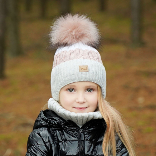 Meisjes winter set muts en buissjaal, crème, met garen pompon, Riviera