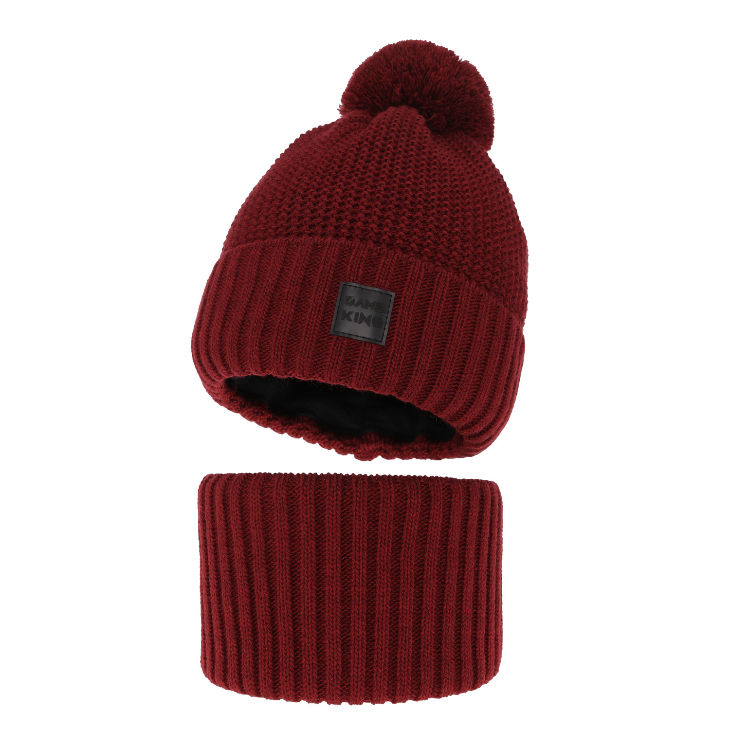 Ensemble d'hiver garçon: bonnet et snood, rouge bordeaux, avec pompon, Conan