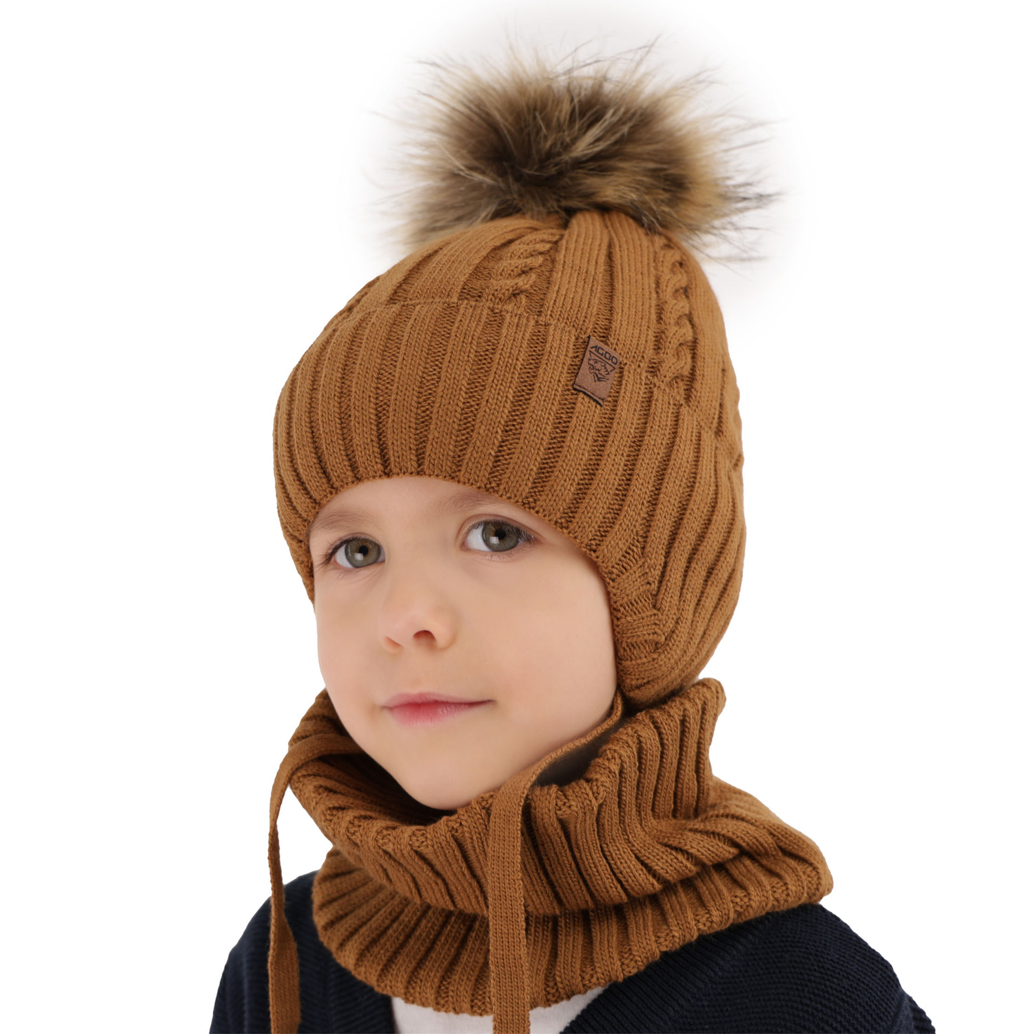 Ensemble d'hiver garçon: bonnet et snood, camel, avec pompon, avec liens, Peter