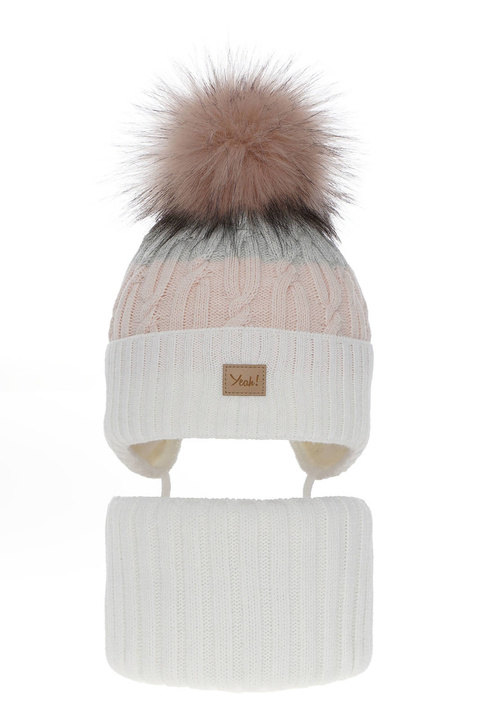 Meisjes winter set muts en buissjaal, kremowy, met garen pompon, met bindkoorden, Riviera