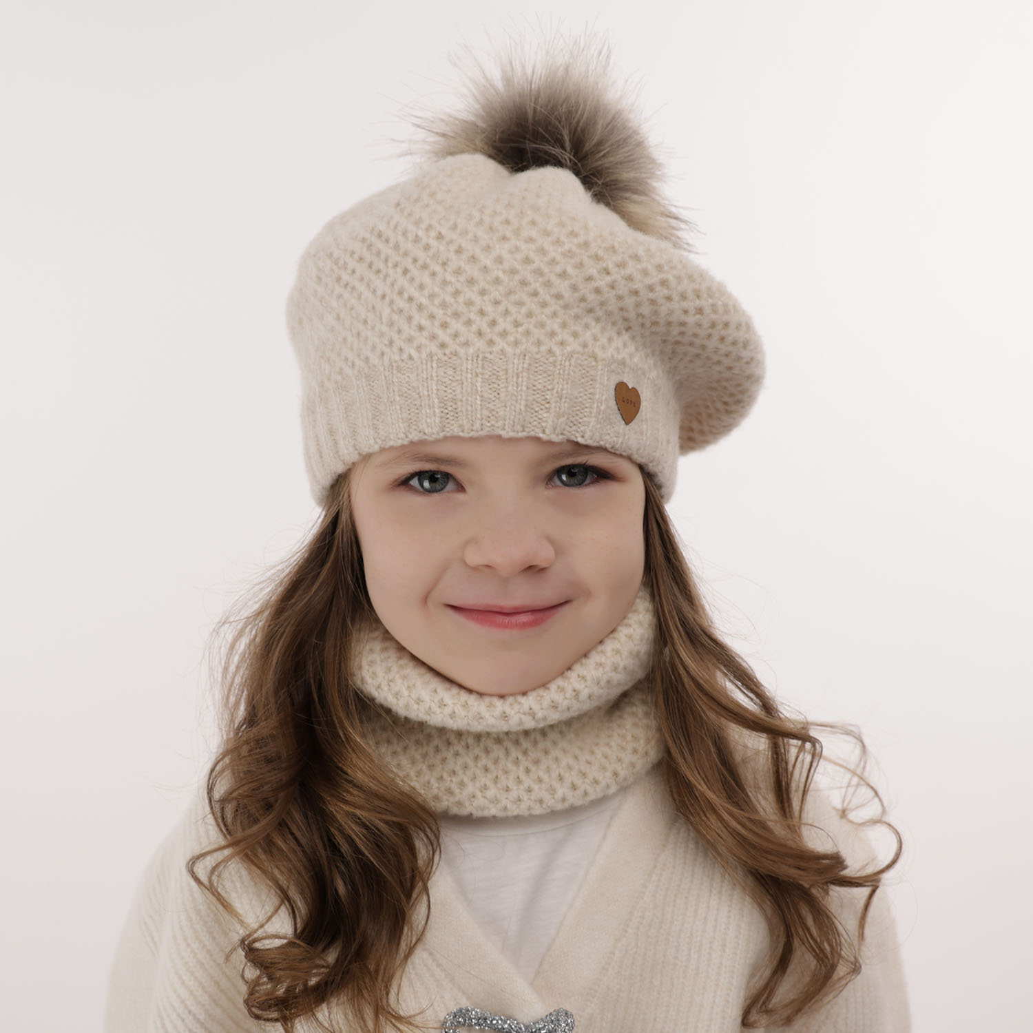 Ensemble d'hiver fille: beret et snood, rose, avec pompon, Francesca