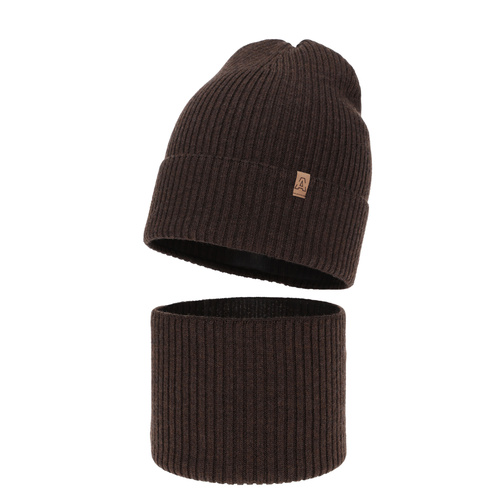 Ensemble automne/printemps garçon: bonnet et snood, brun, avec laine mérinos, Lemas