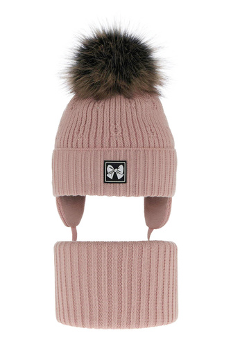 Ensemble d'hiver fille: bonnet et snood, rose, avec pompon, Kinia