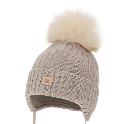 Meisjes wintermuts, beige, met bindkoorden, met merinowol, Basma