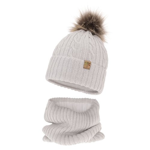 Ensemble d'hiver fille: bonnet et snood, gris clair, avec pompon, avec laine mérinos, Aprilia