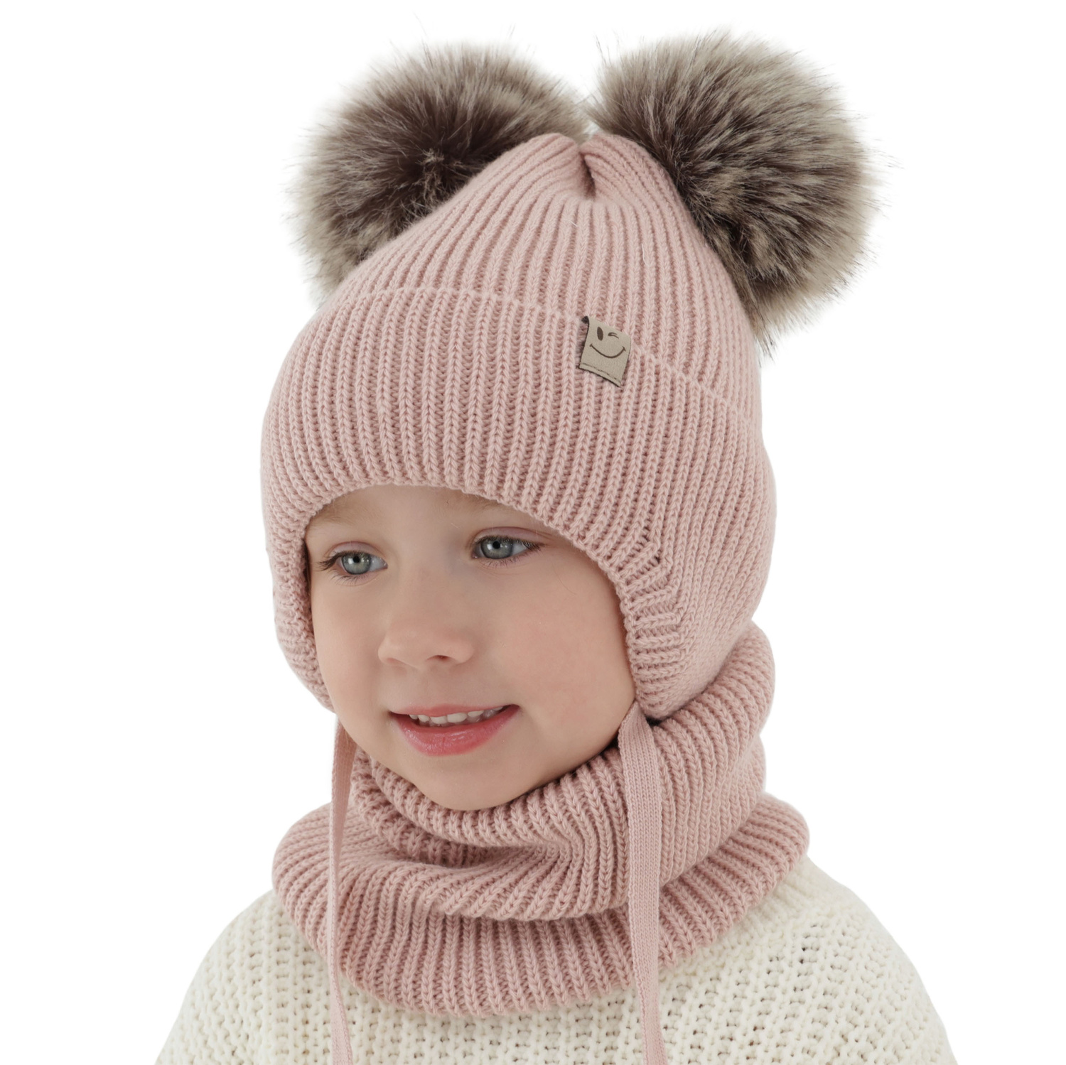Ensemble d'hiver fille: bonnet et snood, blanc, avec deux pompons, avec liens, Zori