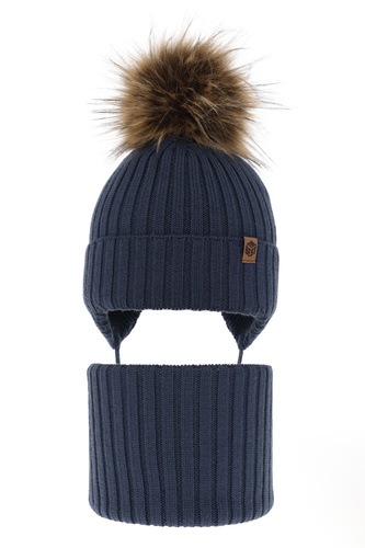 Ensemble d'hiver garçon: bonnet et snood, bleu, avec liens, avec laine mérinos, Juno