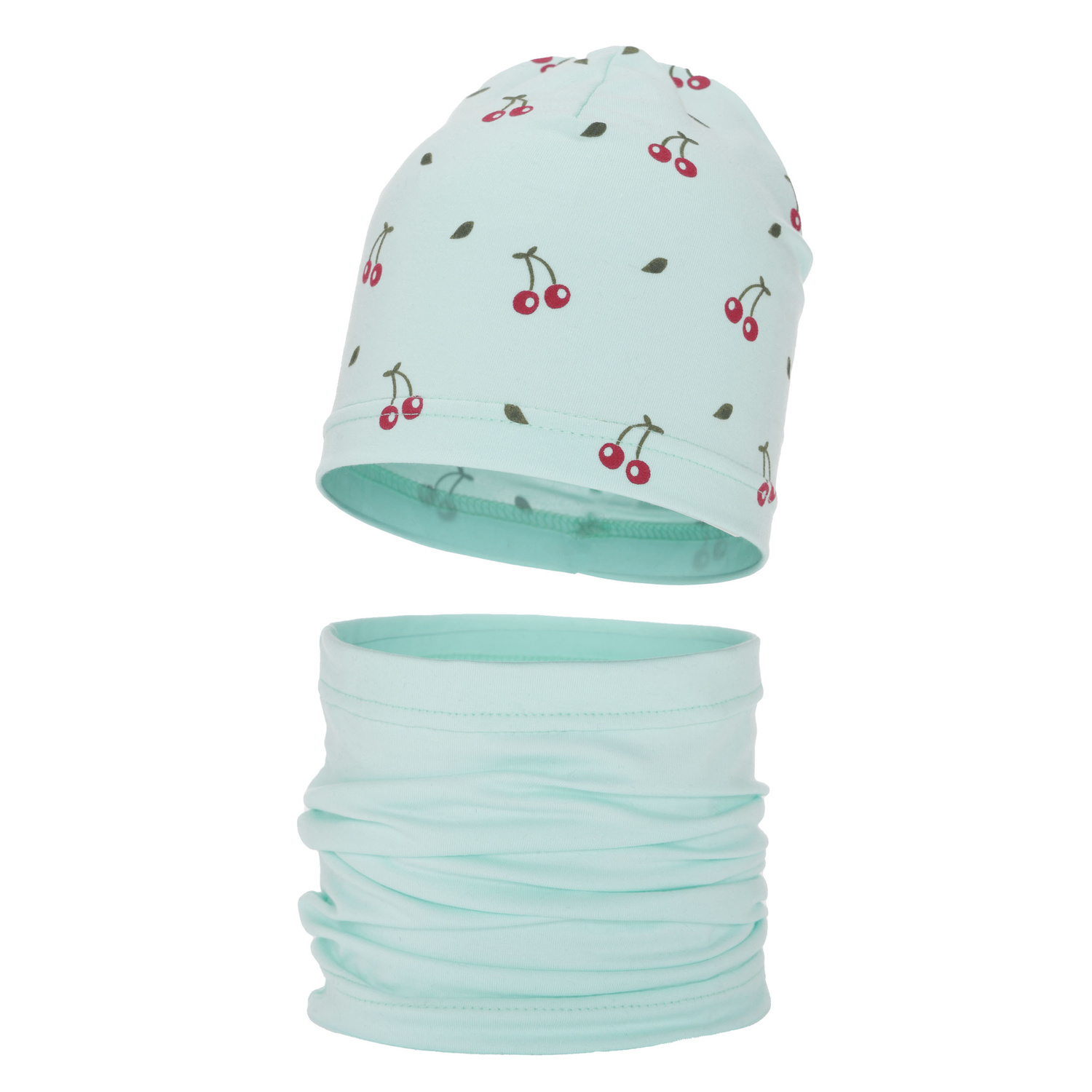 Ensemble automne/printemps fille: bonnet et snood, mint, en coton, Cerise