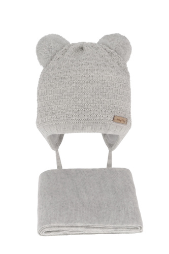 Ensemble d'hiver garçon: bonnet et écharpe, gris, avec deux pompons, lié, Franki