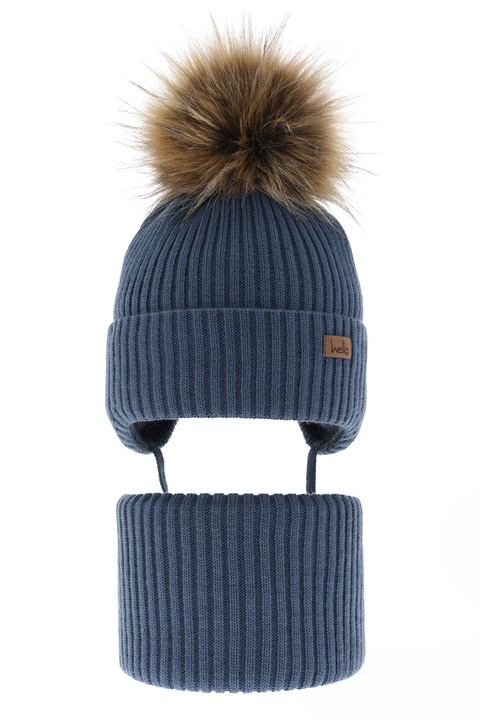 Ensemble d'hiver garçon: bonnet et snood, bleu, avec pompon, Bergo
