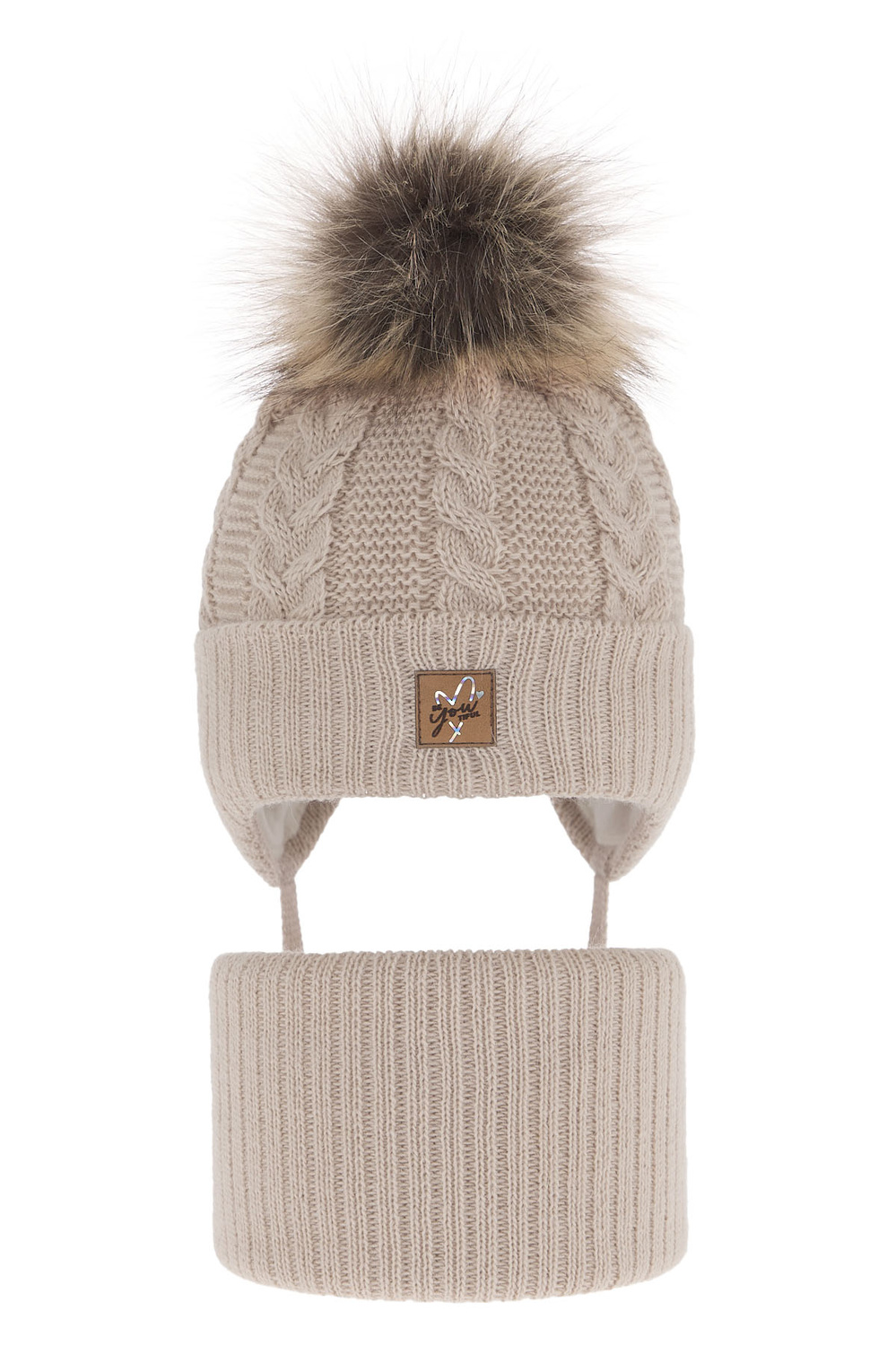 Ensemble d'hiver fille: bonnet et snood, beige, avec pompon, Finess