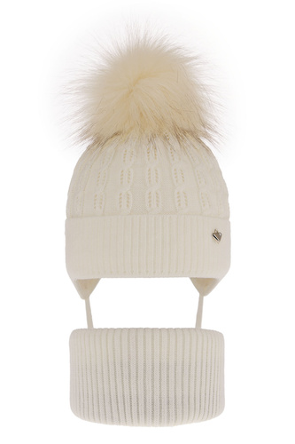 Ensemble d'hiver fille: bonnet et snood, crème, avec pompon, Tukana