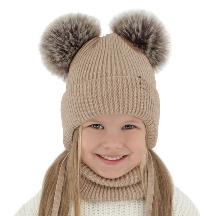Ensemble d'hiver fille: bonnet et snood, beige, avec deux pompons, avec liens, Zori