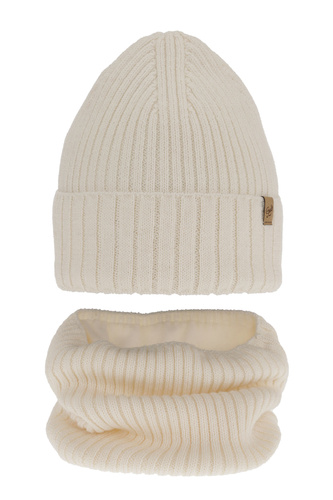 Ensemble d'hiver fille: bonnet et snood, crème, avec laine mérinos, Mesalia