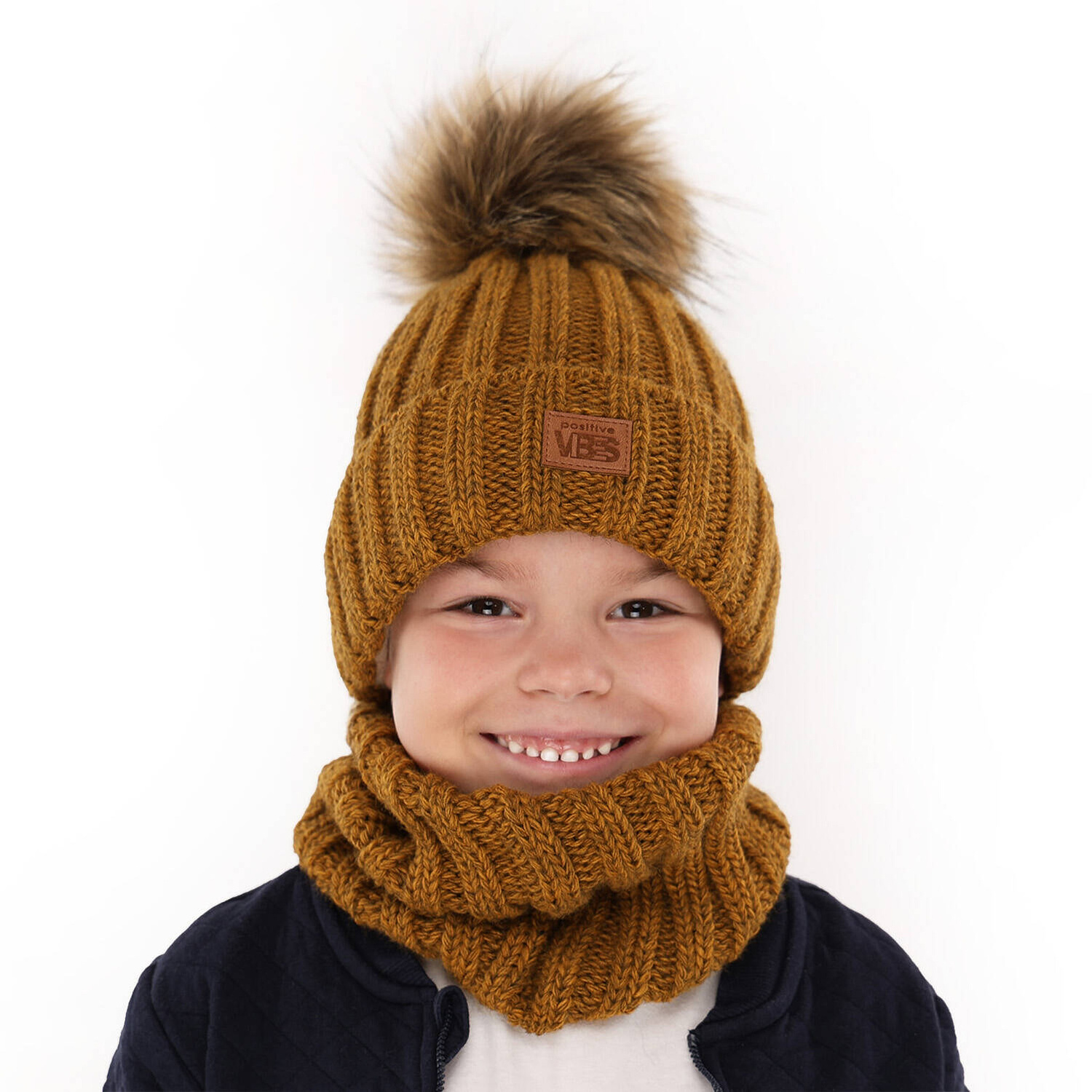 Ensemble d'hiver garçon: bonnet et snood, brun, avec pompon, Remes