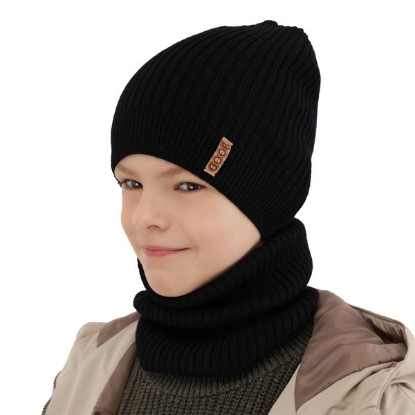 Ensemble automne/printemps garçon: bonnet et snood, noir, avec laine mérinos, Chester