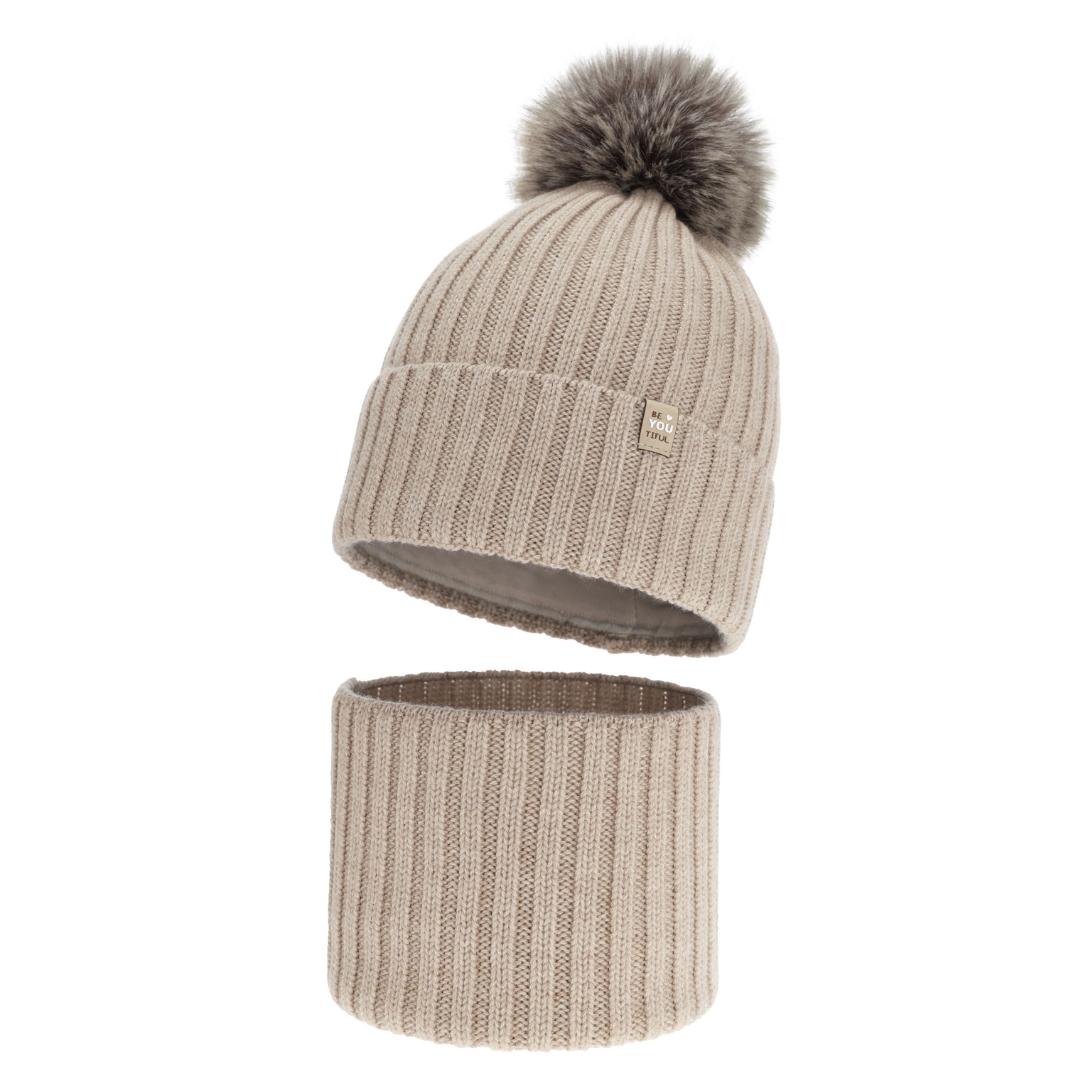 Meisjes winter set: muts en buissjaal, beige, 100% Merino Wol, gevoerd met katoen, met pompon, Terida