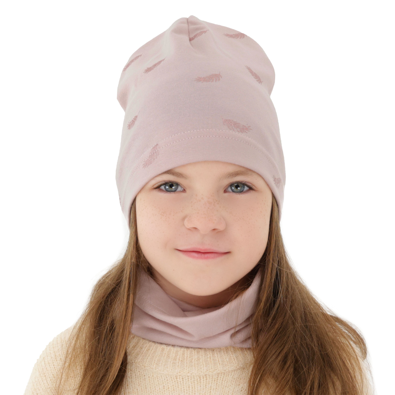 Ensemble automne/printemps fille: bonnet et snood, rose, en coton, Florena