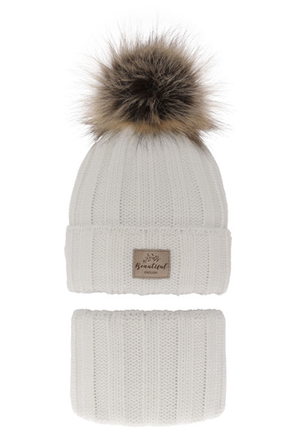 Ensemble d'hiver fille: bonnet et snood, blanc, avec pompon, Kaliope