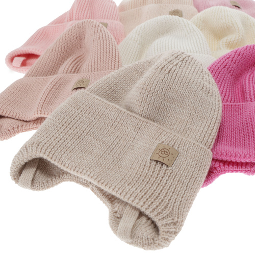 Meisjes winter/herfst/lente muts, roze, 100% Merino Wol, met bindkoorden, Bafra