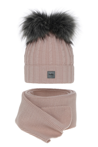 Ensemble d'hiver fille: bonnet et écharpe, rose, avec deux pompons, Zenda
