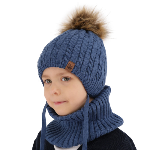 Ensemble d'hiver garçon: bonnet et snood, bleu marine, avec pompon, Indigo
