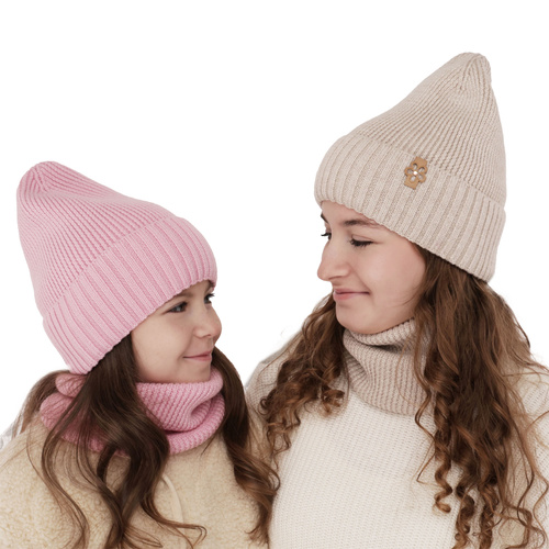 Ensemble d'hiver fille: bonnet et snood, crème, avec laine mérinos, Nelita