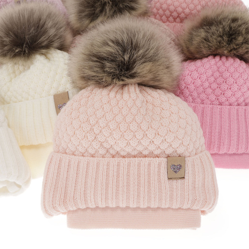 Ensemble d'hiver fille: bonnet et écharpe, violet, avec pompon, avec liens, Bianca