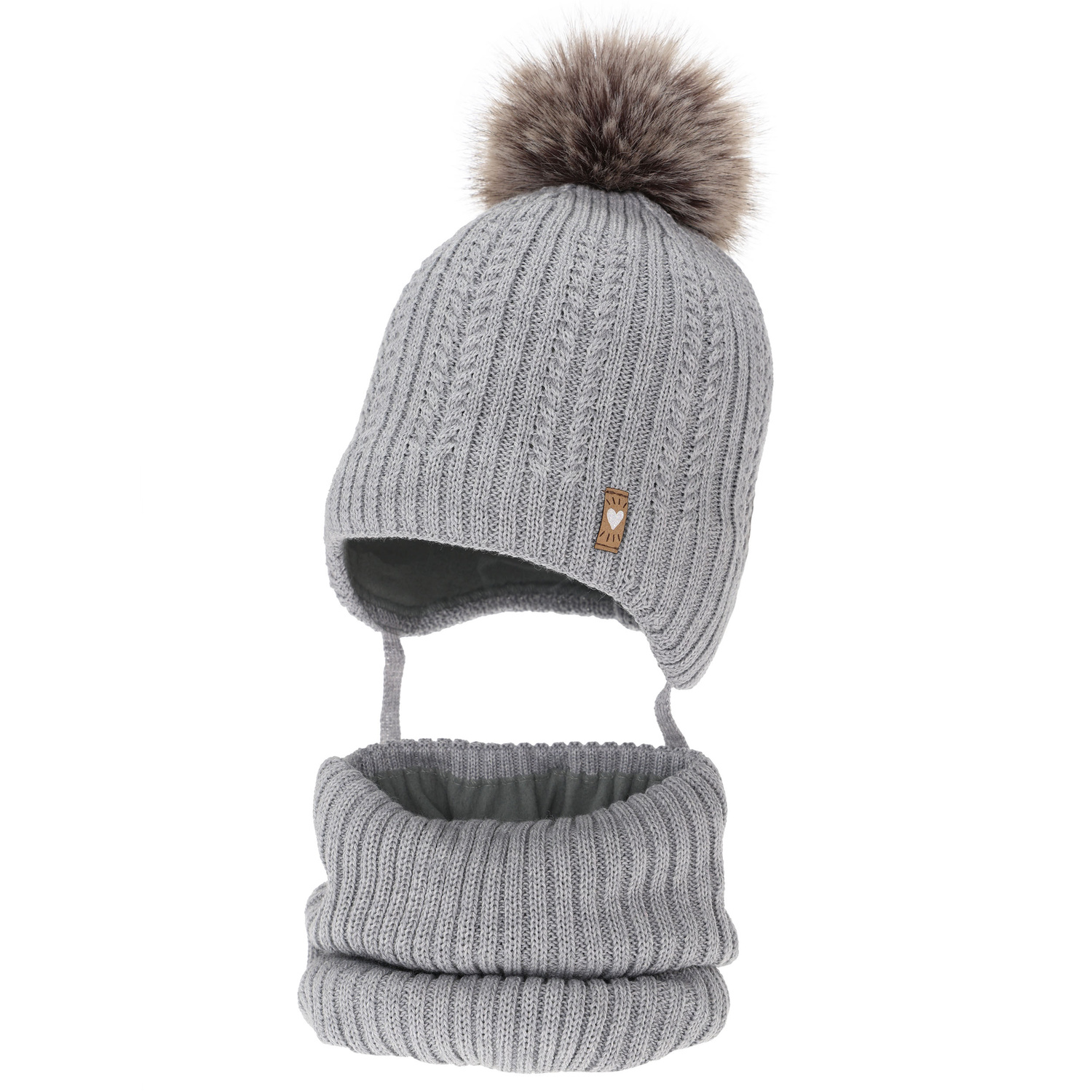 Ensemble d'hiver fille: bonnet et snood, gris, avec laine mérinos, avec pompon, avec liens, Muanda