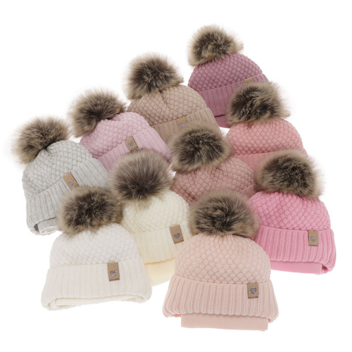 Ensemble d'hiver fille: bonnet et écharpe, rose clair, avec pompon, Bianca
