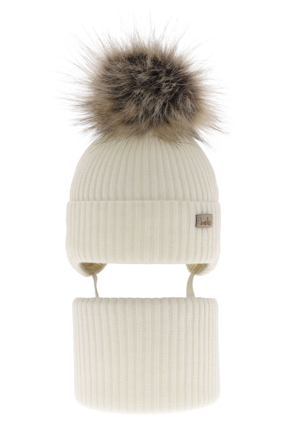 Ensemble d'hiver fille: bonnet et snood, crème, avec liens, avec pompon, Bria