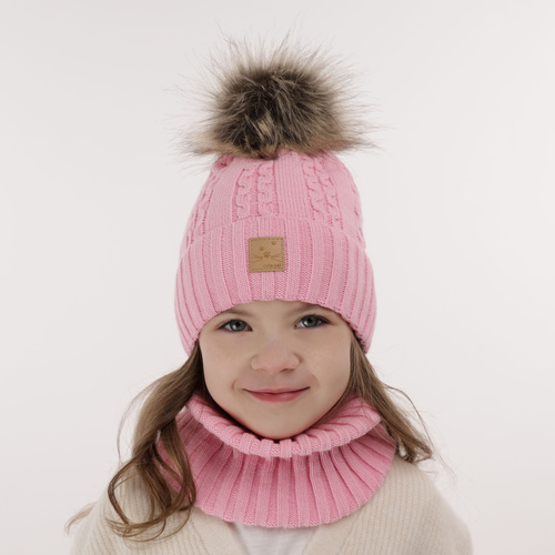 Ensemble d'hiver fille: bonnet et snood, crème, avec pompon, Alexia