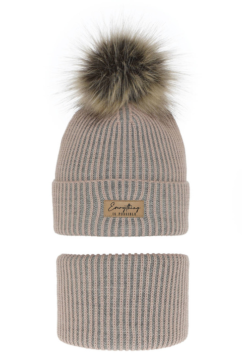 Ensemble d'hiver fille: bonnet et snood, rose, avec pompon, Floryda