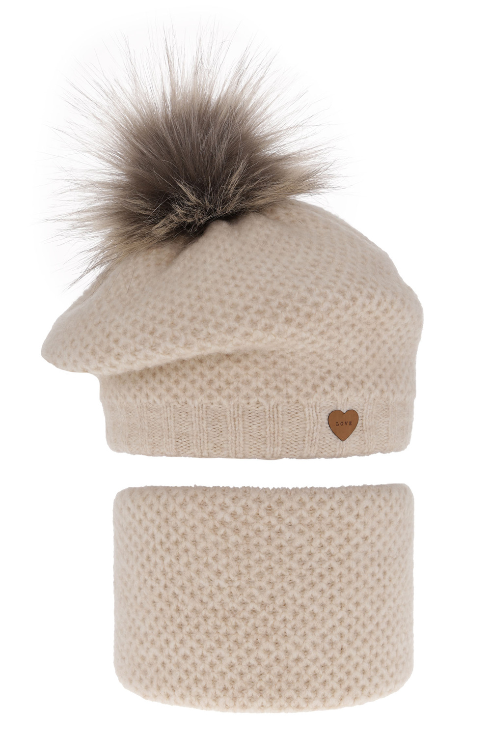 Ensemble d'hiver fille: beret et snood, beige clair, avec pompon, Francesca