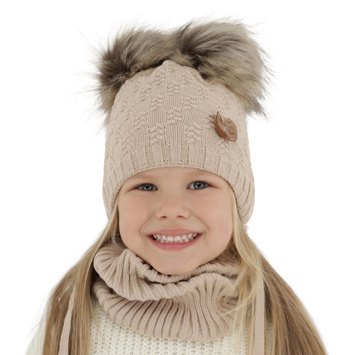 Ensemble d'hiver fille: bonnet et snood, beige, avec deux pompons, avec liens, Bettina